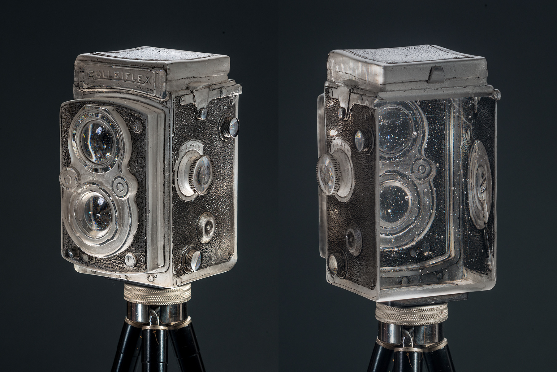 TITLE: "Afterglow” Date: 2014 MEDIUM: Glass, antique Kodak tripod TECHNIQUE: Lost wax casting, acid etched, painted, polished SIZE: 3.75”L x 3.5”W x 5.5”H (camera size without tripod). PHOTO: Phocasso