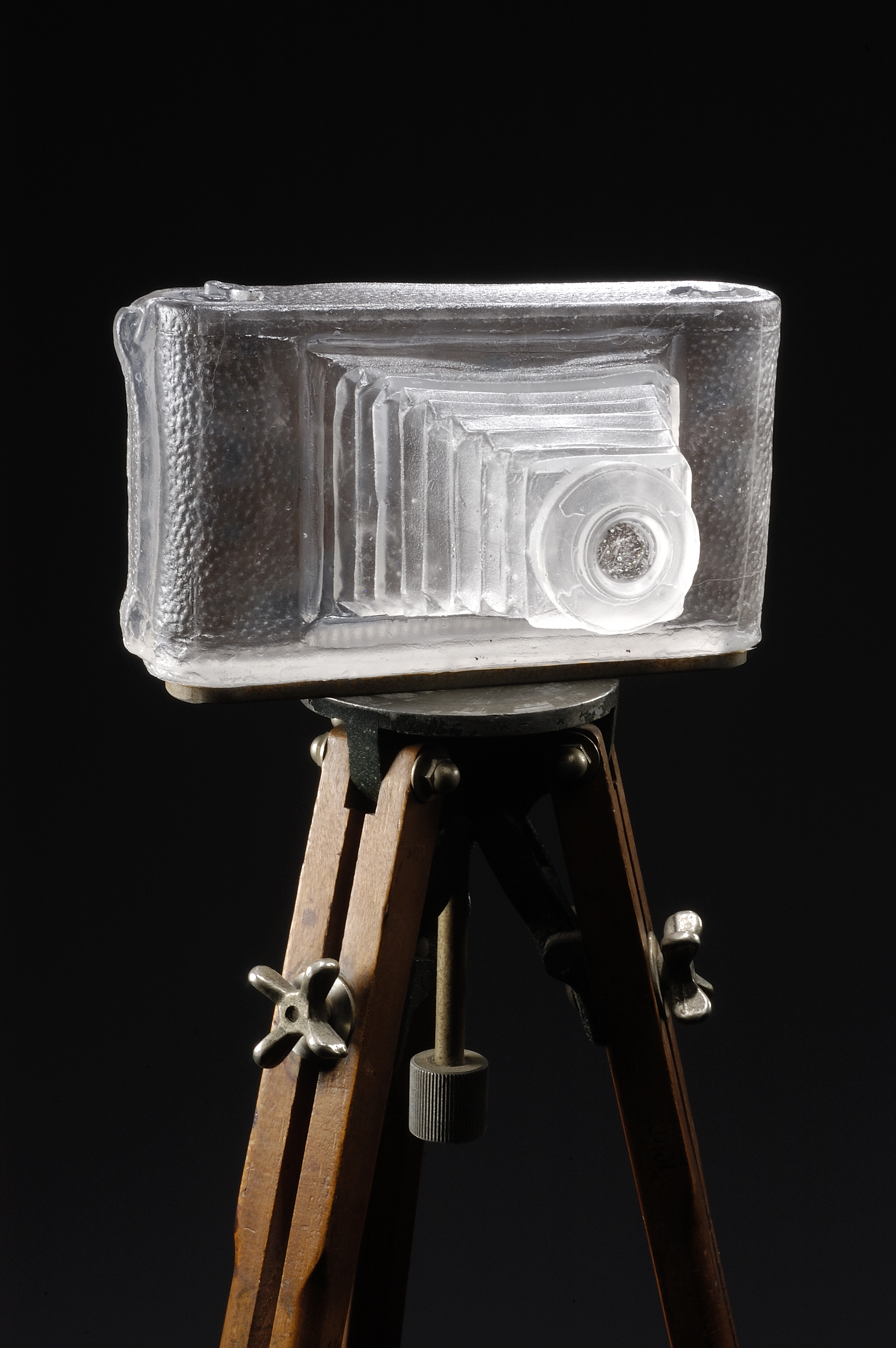 TITLE: “Lookback Time” MEDIUM: Glass, enamel, antique Kodak tripod TECHNIQUE: Lost wax casting, photo-sandblasted, enameled, polished DATE: 2008 SIZE: 26”L x 26”W x 46”H Photo: Phocasso